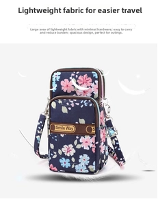 Detail view of the floral nylon mini shoulder bag with multi-layer zippers and strap