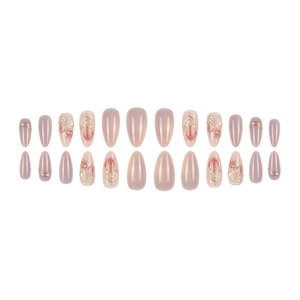 Nude almond press-on nails with 3D tulip floral design and golden metallic accents