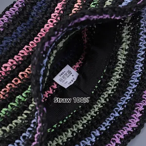 Detail of multi-color striped paper straw hat showing inner sweatband and care label