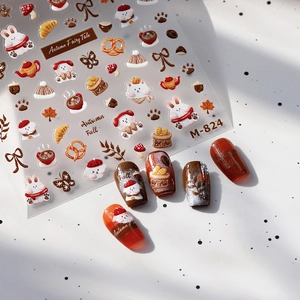 Autumn themed nail stickers M-824 featuring cartoon rabbits and maple leaf designs