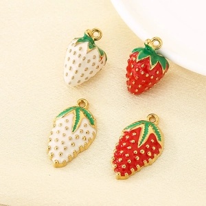 3D 304 stainless steel strawberry charms with red and white enamel for DIY necklaces