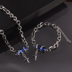 Minimalist hip-hop style silver titanium steel jewelry set with blue zircon and cross charm
