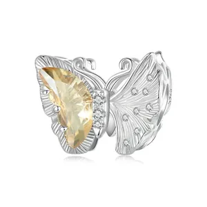 Butterfly Charm Bead 925 Sterling Silver Yellow Pear Gemstone White Zircon Hollow Romantic DIY Jewelry Accessory