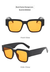 Detail view of rectangular sunglasses featuring thick black frames and orange lenses