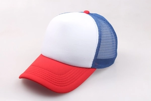 Detail of red white and blue trucker hat showing breathable mesh back and sponge front
