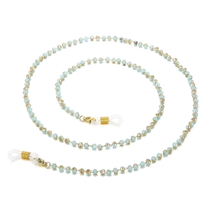 Fashionable sunglasses chain with light blue faceted crystal beads and gold metal accents