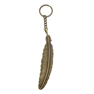Detailed close-up of antique bronze feather pendant with intricate textures on keychain