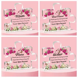 Acrylic Transparent Puzzle Piece Tabletop Ornament Plaque With Floral Pattern And Sentimental Message For Mom Dad Bestie Gift