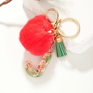 Christmas letter J keychain with red fluffy ball, green tassel, and snowman resin charm