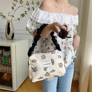Retro canvas shoulder tote bag with butterfly embroidery and black ruffled shoulder strap