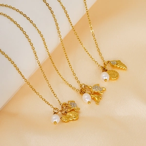 Ocean Theme Stainless Steel Pendant Necklace 18K Gold Plated Shell Starfish Artificial Pearl Cubic Zirconia Jewelry For Women