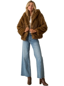 Brown faux fur hooded jacket for women with cozy side pockets and ribbed lining details
