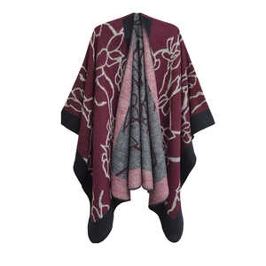 Women's burgundy ink-wash floral jacquard knit poncho cape with tassel details