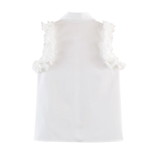 White sleeveless shirt with ruffle trim collar and slim fit woven fabric back view