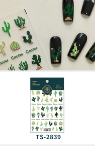 Detail of TS-2839 cactus nail stickers with matte texture and 3D embossed green patterns
