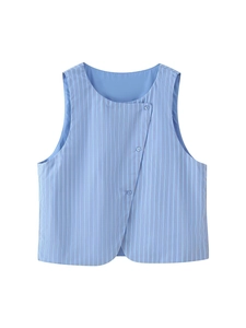 Close-up of blue vertical striped sleeveless top with asymmetric button closure detail