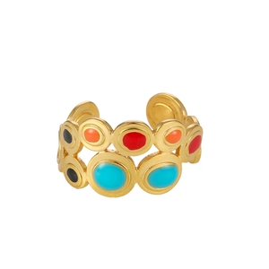 Detail of gold-plated stainless steel ring featuring colorful enamel inlay patterns