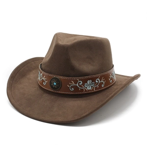 Chapeau De Cowboy Occidental Daim Large Bord Broderie Florale Bande Cuir Boucle Métal Turquoise Ethnique Rétro Hommes Femmes