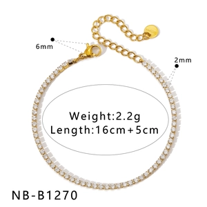 Detailed specs of a 2mm gold tennis bracelet in stainless steel with clear zircons