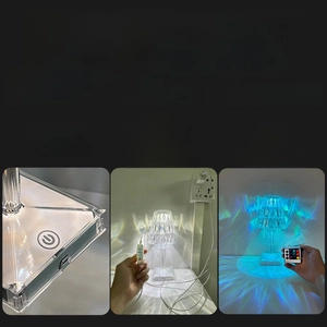 Detail view of crystal table lamp showing touch control, RGB modes, and remote operation