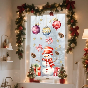 Detail of Christmas snowman window stickers with festive balls and watercolor ornaments