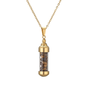 Golden stainless steel perfume bottle necklace with brown crushed tiger eye stones