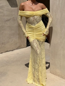 Elegant off-shoulder yellow lace maxi dress with ruched long sleeves for formal events