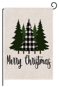 Watercolor Christmas garden flag with plaid pine trees and Merry Christmas script on linen