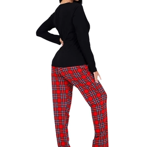 Women's pajama set featuring black long sleeve top and red plaid checkered pants
