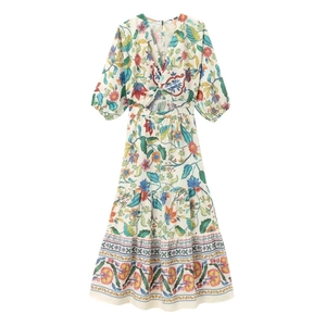 Maxi-Kleid Mit Blumendruck V-Ausschnitt Ausschnitt Taille Bohemian Sommer Langes Kleid Für Damen