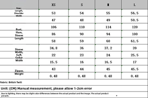 Tableau des tailles détaillé pour ensemble veste bomber avec mesures du XS au L en cm