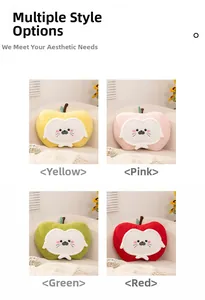Detail of plush apple-shaped pillows with cute cat faces in yellow, pink, green and red
