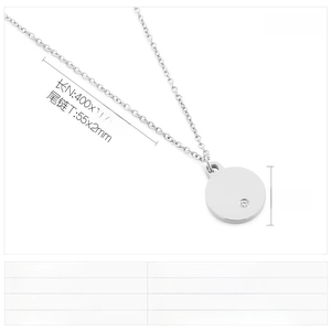 Detail of round stainless steel pendant with zircon inlay showing dimensions and chain length