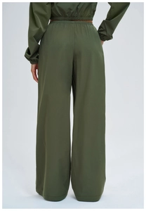 Rear view of olive green wide-leg sports pants and jacket set with elastic waist