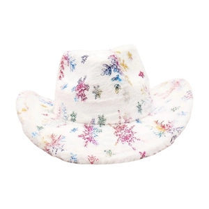 White faux fur cowboy hat featuring colorful snowflake patterns for Christmas parties