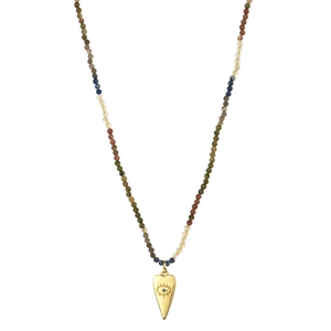 Detail of bohemian tourmaline beads necklace with gold evil eye heart pendant