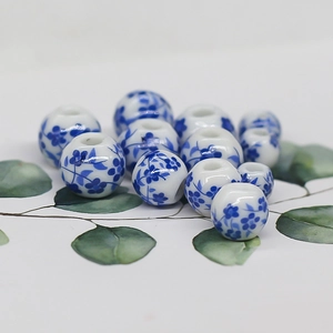Cuentas Sueltas Redondas Porcelana Cerámica Patrón Floral Azul Blanco Accesorios Fabricación Joyas DIY Hecho Mano Estilo Vintage