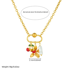 Gold necklace with cherry, flower and pearl pendants, chain length and weight specs shown