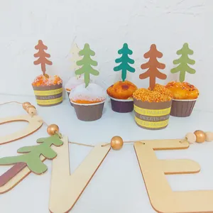 Forest style wooden Christmas tree cake toppers and wrappers set for birthday decor