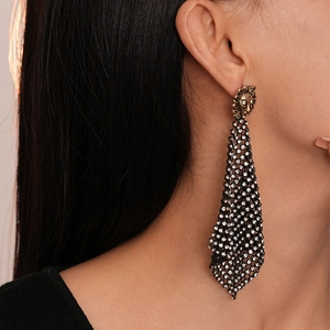 Detail of vintage lion head earrings with sparkling rhinestone mesh fringe on model