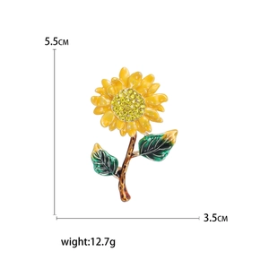 Elegant enamel sunflower brooch with yellow rhinestones, size 5.5cm by 3.5cm
