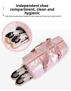 Detail view of pink gradient travel bag showing the practical separate shoe compartment
