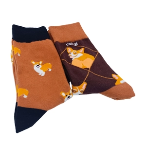 Cute Corgi cartoon patterns on orange and coffee contrast knit cotton mid-calf socks