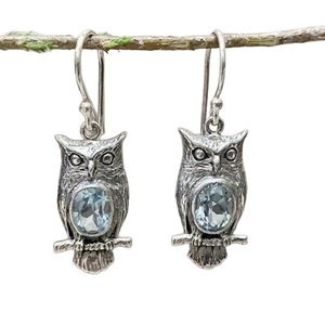Vintage Thai silver owl drop earrings with sky blue oval topaz on a branch