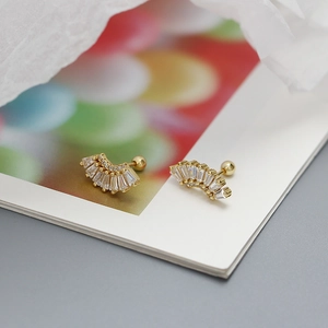 Detailed view of fan-shaped S925 silver stud earring with clear zircon and screw back