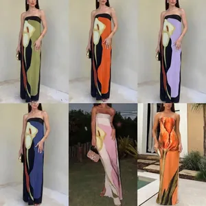 Trägerloses Maxikleid Blumen Abstrakt Druck Schlanke Passform Tube Langes Kleid Für Frauen Sommer Urlaub Party Kleidung