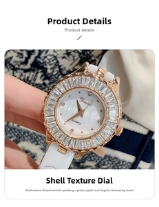 Macro shot of a ladies ceramic watch with shell texture dial and crystal bezel