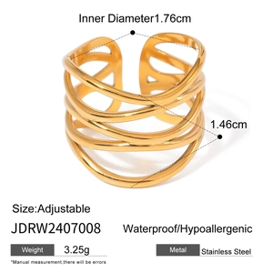 Adjustable golden stainless steel open ring with multilayer hollow design for women