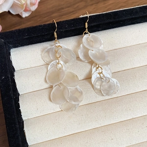 Detail shot of round shell tassel earrings with gold metal hooks in a jewelry box