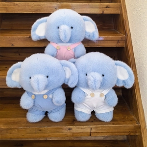 Elephant Plush Toy Soft Stuffed Animal Long Fur With Corduroy Overalls Wooden Buttons For Baby Toddler Gift Blue